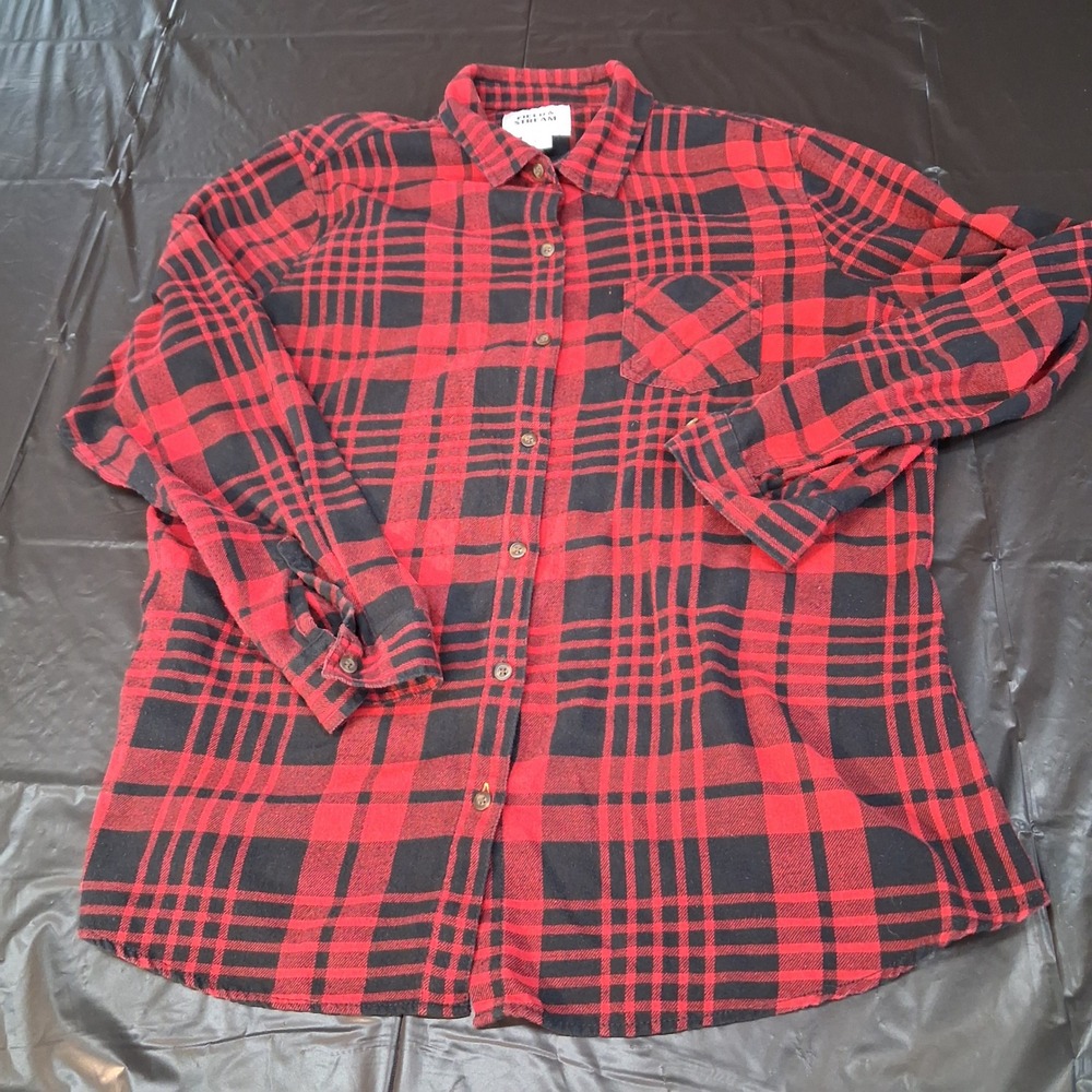 Field & Stream Shirt Womens XL Flannel Red Black Plaid Button Down EUC